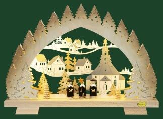 LED-Schwibbogen – detailreiches Seiffener Weihnachtsmotiv mit warmer LED-Beleuchtung, naturfarben – 