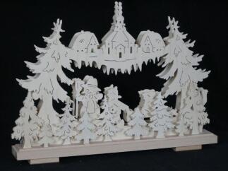 Schwibbogen – filigraner Schneemann mit Seiffener Kirche und warmweißer Beleuchtung, naturfarben –