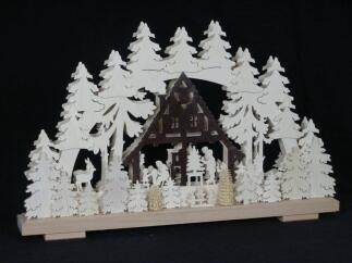 Schwibbogen – detailreiche Waldhütte mit filigranen Rehen, warmweiße Beleuchtung, naturfarben –