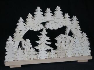 Schwibbogen – detailreiches Schneemann-Haus mit Waldmotiv, naturfarben, beleuchtet – BxHxT = 50 x 32