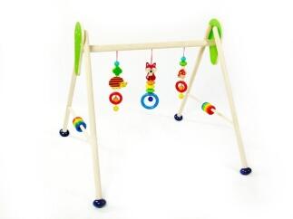 Babyspielgerät – Holztrapez Wildtiere mit Holzperlen und Glöckchen farbig lackiert – BxHxT 62 x 54.5