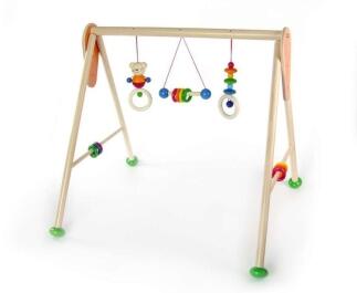 Babyspielgerät – farbenfroher Spielbogen mit niedlichem Bär und klappernden Holzelementen – BxHxT 62