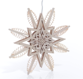 Fensterbild - Spanstern mit gestochenen Bäumchen mit LED-Beleuchtung Natur - Ansicht Vorne -