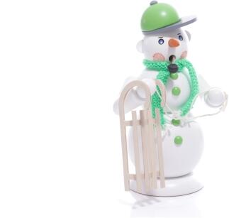 Räucherfigur - Räuchermann Schneemann Grün mit Hörnerschlitten - Ansicht Vorne - Hergestellt im