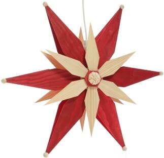 Fensterschmuck filigraner roter Kiefernstern mit elektrischer Beleuchtung, Holzsegmenten und Rosette