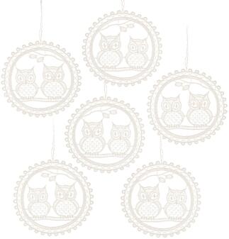 Baumschmuck – runde Anhänger mit filigranem Eulenpaar, weiß, zarte Plauener Spitze – BxHxT 8 x 8 x