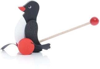 Schiebetier Watscheltier Pinguin mit Schiebestock - Ansicht Links - Gummi an den Füssen klatscht lustig auf den Boden