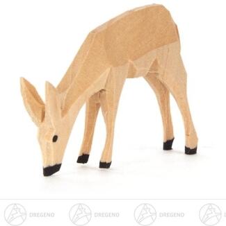Holztier – graziles, handgeschnitztes Reh beim Fressen, naturfarben – H = 3 cm