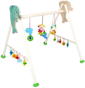 Babyspielgerät – Holztrapez mit bunter Nixe, Holzperlen, Rasseln und Glocke – BxHxT 62 x 54 x 57 cm