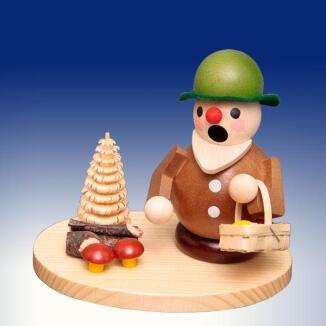 Räuchermann – detailreicher Pilzsammler mit Korb und Bäumchen, farbenfroh bemalt – BxHxT = 9,5 x 9,5