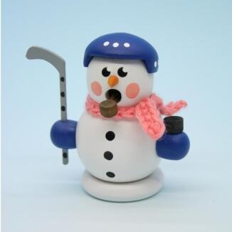 Räuchermann – detailverliebter Eishockeyspieler mit weißem Helm, Schläger und Puck, naturfarben –