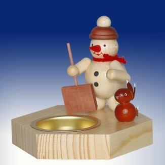 Teelichthalter – liebevoller Schneemann mit Schippe und niedlichem Hasen, naturfarben – BxHxT = 6,5