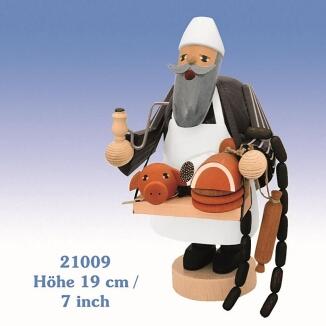 Räuchermann – detailreicher Fleischer mit Bauchladen, Pfeife und weißer Schürze, bunt bemalt – BxHxT