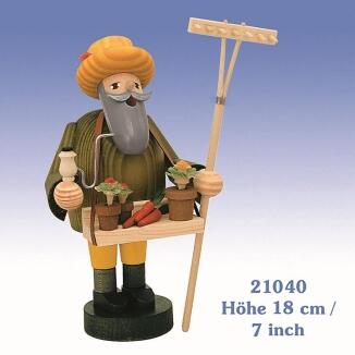 Räuchermann – detailreicher Gärtner mit Bauchladen, Pfeife und Rechen, farbenfroh bemalt – BxHxT =