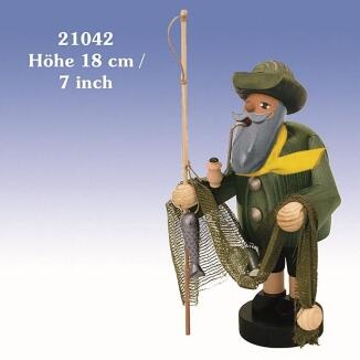 Räuchermann – detailreicher Fischer mit grünem Oberteil, Netz und Angel, bunt bemalt – BxHxT = 10 x 