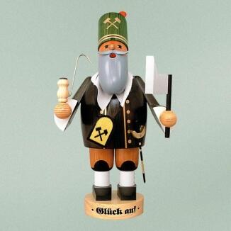Räuchermann – detailreicher Bergmann mit grüner Uniform und leuchtender Laterne – BxHxT = 20 x 41 x 