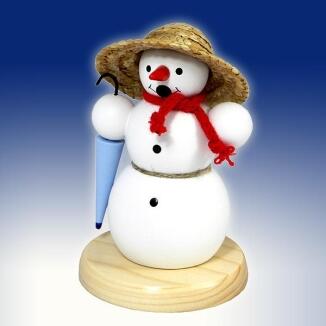 Räuchermann – liebevoller Schneemann mit buntem Schirm und elegantem Korbhut, farbenfroh – BxHxT = 8