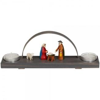 Schwibbogen – farbenfrohe Christi Geburt mit Schaf und Teelichthaltern, bunt lasiert – BxHxT = 27 x 