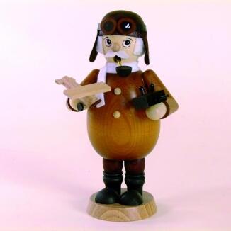 Räuchermann – nostalgischer Hobbypilot mit Holzflugzeug und brauner Lederkappe, detailreich bemalt –