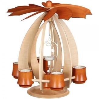 Schwebepyramide – filigranes Kirschbaumdesign mit Glaskugel und Teelichtern, naturfarben – BxHxT =