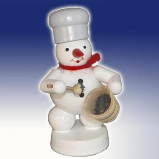 Winterfigur – detailreicher Schneemann Bäcker mit rotem Hut, Mohntopf und Löffel, bunt bemalt – H = 