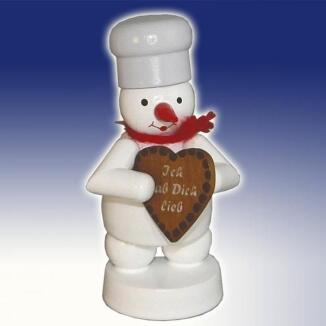 Schneemann – detailreicher Bäcker mit Lebkuchenherz, bunt bemalt – Holzfigur aus dem Erzgebirge von 
