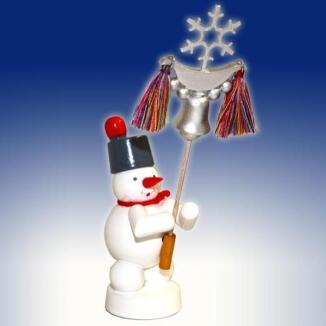 Weihnachtsfigur – detailreicher Schneemann mit farbenfrohem Schallenbaum und Hut – HxB = 13 x 6 cm