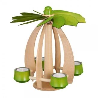 Schwebepyramide – filigrane Ahorn-Holzoptik mit lindgrünen Flügeln, Teelichtantrieb – BxHxT = 24 x