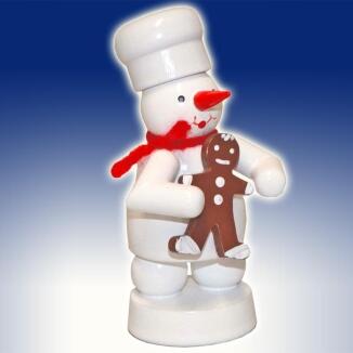 Miniaturfigur Bäcker Schneemann mit Pfefferkuchen und rotem Schal aus Holz, Erzgebirge, von Volker