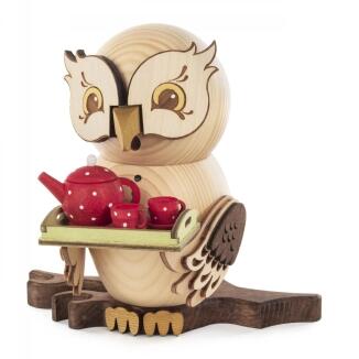 Räucherfigur – detailreiche Eule mit filigranem Teeservice, naturfarben und bemalt – H = 16 cm