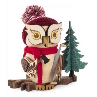 Räucherfigur – detailreiche Eule mit Axt und rustikalem Hut, naturfarben – BxHxT = 12 x 17 x 10 cm