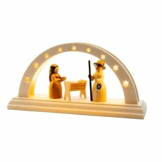 Schwibbogen – naturbelassene Heilige Familie mit detailreicher LED-Beleuchtung aus Holz von