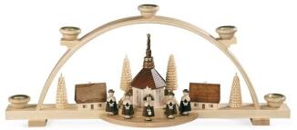 Lichterbogen naturbelassener Schwibbogen mit Kurrende-Sängern und Seiffener Rundkirche aus Holz von