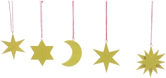 Christbaumschmuck - 4 verschiedene Sterne und der Mond in Gelb zum Hängen - BxHxT 5x5x0,3cm