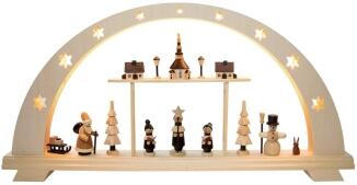 Schwibbogen Seiffener Weihnacht aus Holz mit LED-Beleuchtung, Kirche, Kurrendesängern und Schneemann
