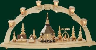 Schwibbogen – detailreiche Seiffener Kirche mit elektrischer Beleuchtung und integrierter Spieluhr, 