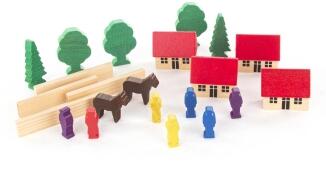 Holzspielzeug – fantasievolle Feriensiedlung mit Pferden und bunten Figuren, farbenfrohes Design – H