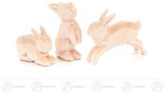 Reifentiere – detailreich geschnitzte Hasenfamilie aus naturbelassenem Holz, 3er-Set – H = ca. 4 cm