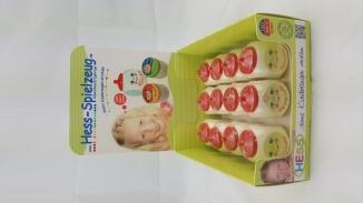 Babyspielzeug – farbenfrohes Display mit 12 niedlichen Holzdosen – BxHxT 4x5,5x4 cm