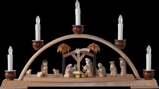 Schwibbogen – detailreich geschnitzt mit Dach und braunen Figuren, LED-Beleuchtung – BxHxT = 40 x 27