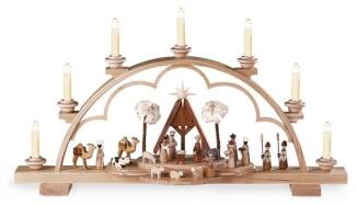 Schwibbogen – Christ Geburt mit Krippe und Tieren naturbelassen und elektrisch beleuchtet – BxHxT 64