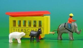Miniatur Gespannfahrzeuge – Set mit Elefant Reiter Käfigwagen Panther und Eisbär gelb – BxHxT ca.