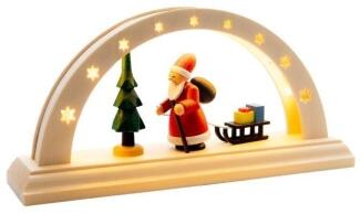 Schwibbogen kleiner Weihnachtsmann mit Baum und Schlitten, bunt bemalt und warm LED-beleuchtet von