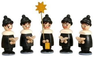 Miniaturfiguren Kurrendefiguren schwarz lasiert aus Holz mit 4 Sängern und Sternträger von