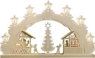 Schwibbogen – LED beleuchtet 7-flg. Weihnachtsmarkt mit Buden und Figuren – BxHxT ca. 52x32x4,5 cm
