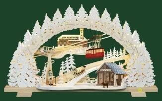 Schwibbogen Winterkinder mit Schwebebahn aus dem Erzgebirge, naturfarbener Holzbogen mit