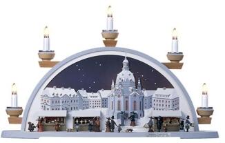 Schwibbogen Frauenkirche mit Striezelmarkt um 1900 BxHxT 53x34x12cm