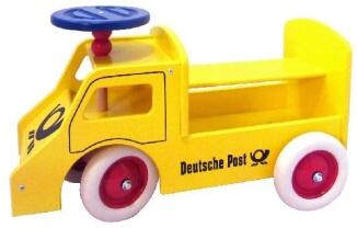 Holzspielzeug - stabiler Rutscher Postauto mit Stauraum gelb/rot/blau - LxBxH ca. 55,5x25x33 cm