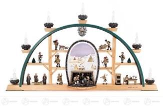 Schwibbogen Cynsifen anno 1324 mit Bergwerk und Erzgebirgsfiguren, elektrisch beleuchtet Breite x