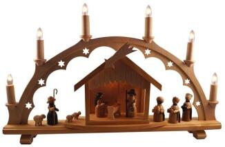 Schwibbogen – detailreiche Szene der Geburt Christi mit 7 leuchtenden Kerzen, naturfarbener